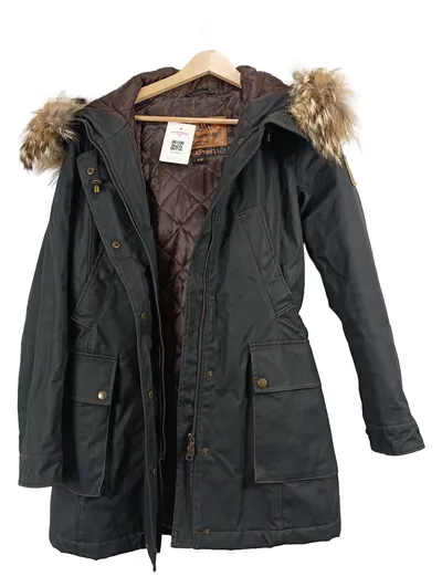 Belstaff Black Prince Damen Parka Gr. 42 Fellkapuze Grau Baumwolle