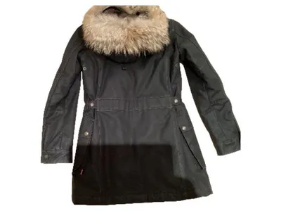 Belstaff Black Prince Damen Parka Gr. 42 Fellkapuze Grau Baumwolle