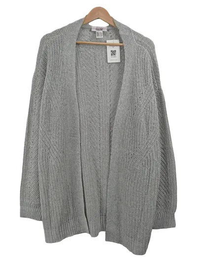 Linea Tesini Damen Strickjacke Grau Gr. 44 XXL Metallic-Look Lochmuster Casual