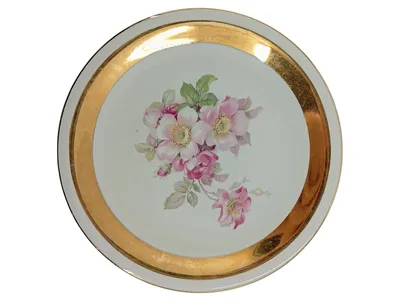 Bavaria Kuchenteller 30 cm Keramik Weiß Blumenmuster Goldrand Vintage