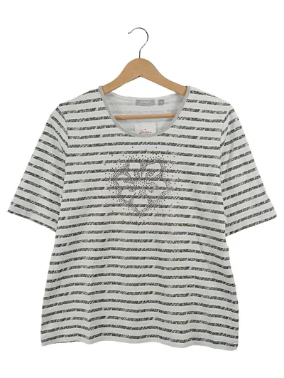 RABE Damen T-Shirt Weiß Gestreift Strass-Applikation Gr. 40 L Casual