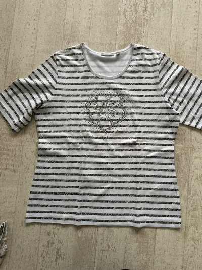 RABE Damen T-Shirt Weiß Gestreift Strass-Applikation Gr. 40 L Casual