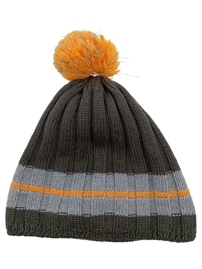Stöhr Mütze mit Bommel Oliv Gestreift Schurwolle Polyacryl Gr. 54, 56