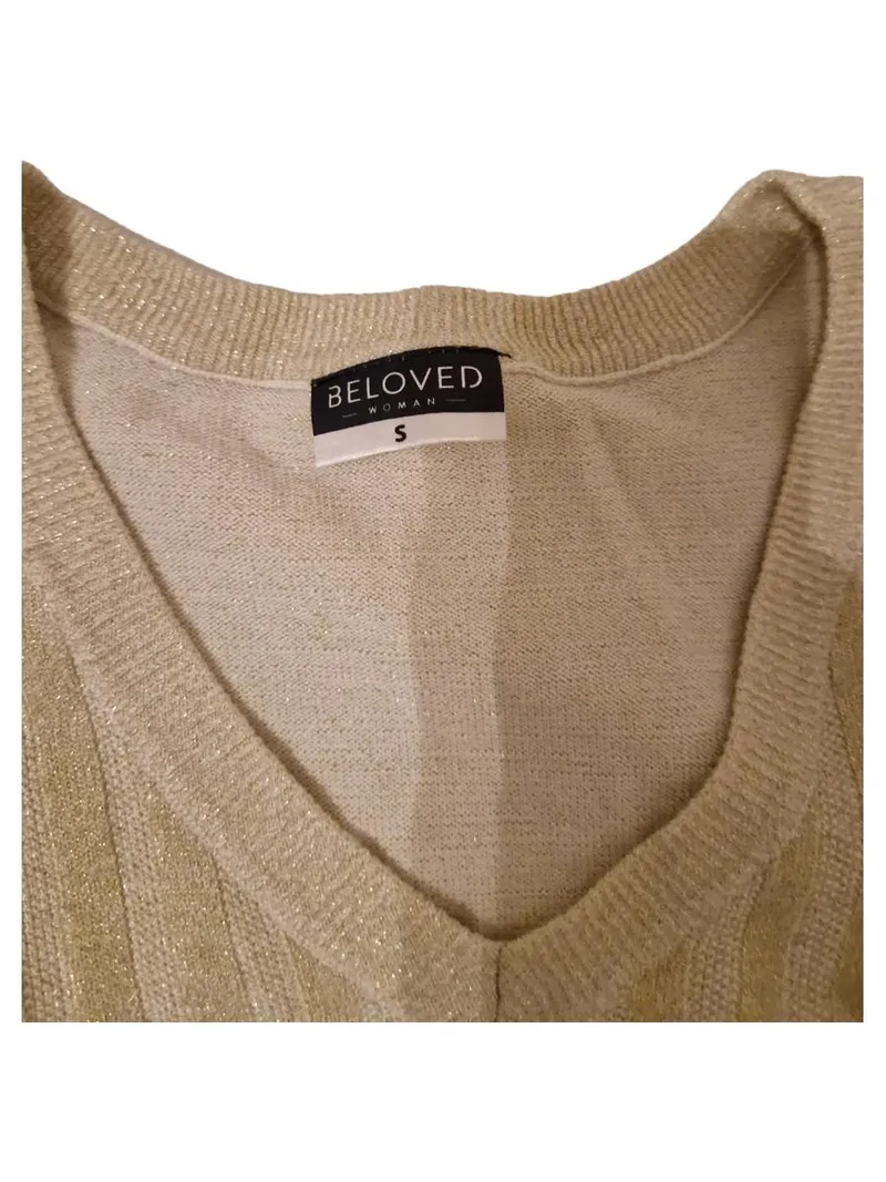 BELOVED Damen Pullover Gr. 36/S Beige Glitzer V-Ausschnitt Feinstrick 3/4-Arm 3