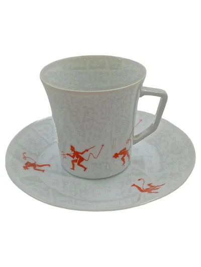 FÜRSTENBERG Tasse und Unterteller Teufel Dekor Weiß Porzellan 6 cm