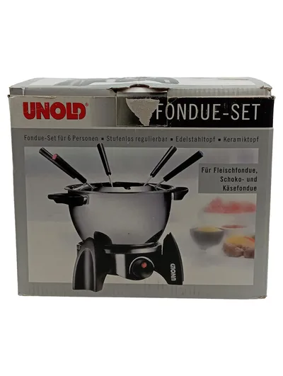 Unold 48615 Fondue-Set für 6 Personen Edelstahl Keramiktopf Schoko Käse Fleisch