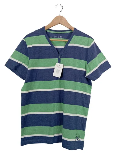 Tchibo TCM Herren T-Shirt Gr. M Henley Gestreift Blau Grün Baumwolle