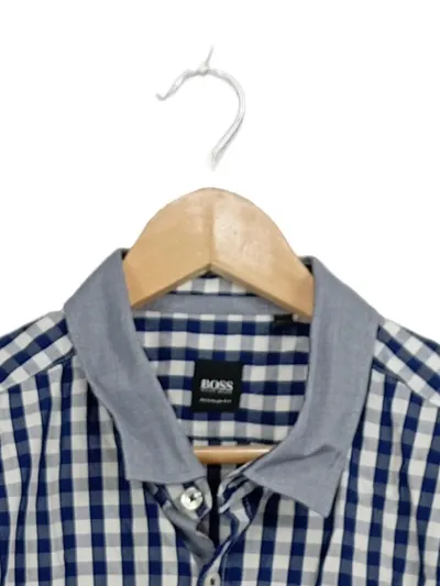HUGO BOSS Herren Freizeithemd Kariert Blau Gr. 54 XXL Langarm Baumwolle