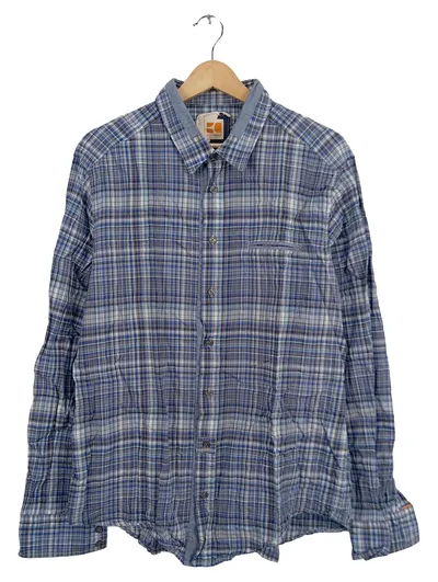 BOSS Orange Herren Freizeithemd Kariert Blau Gr. 52 XL Langarm Casual