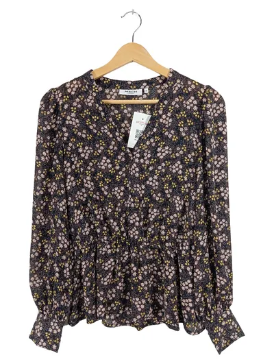 MSCH Copenhagen Damen Bluse XS Blumenmuster Braun V-Ausschnitt Langarm