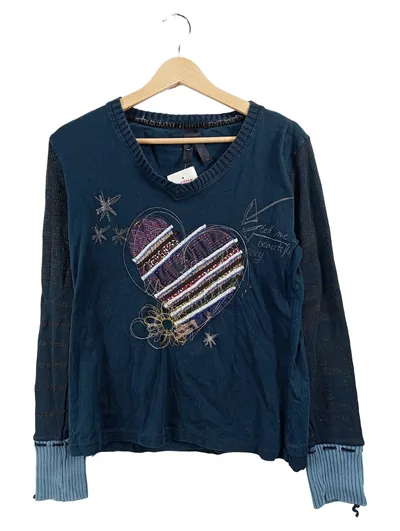 Desigual Pullover Damen Gr. 42 XL Blau Herz Applikation Stickerei Casual