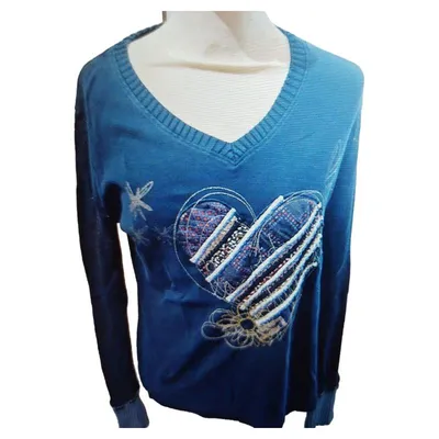 Desigual Pullover Damen Gr. 42 XL Blau Herz Applikation Stickerei Casual