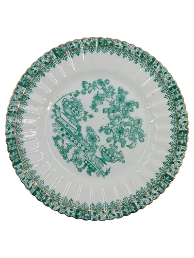 Tuppack Wandteller Porzellan China Grün Blumen Dekor Goldrand 19 cm Klassisch