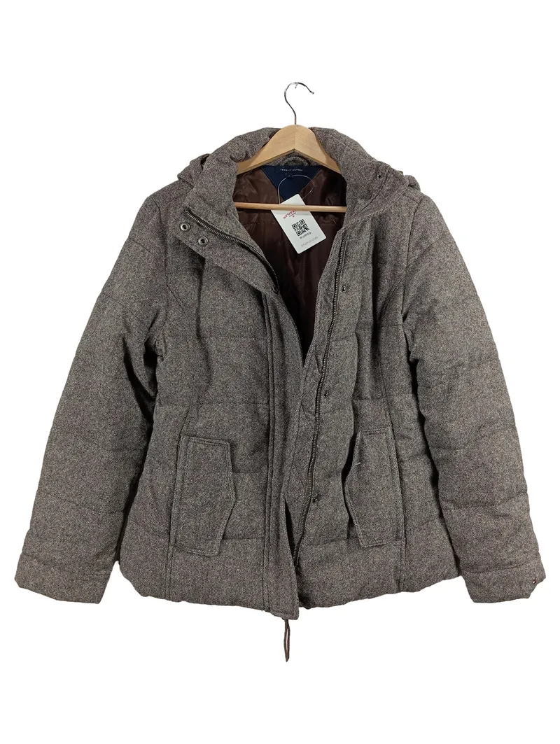 Tommy Hilfiger Steppjacke Damen Gr. L Grau Wolle Kapuze Winterjacke 1