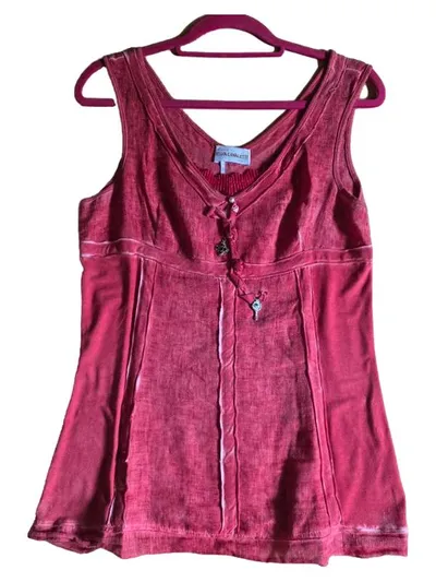 Elisa Cavaletti Damen Top Shirt Gr. 40 L Rot Leinen Ärmellos Applikationen