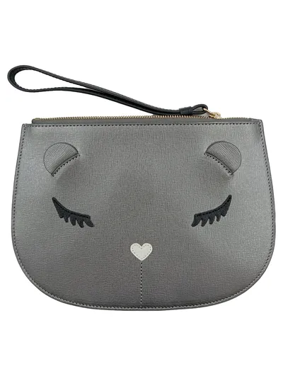 Furla Kosmetiktasche Damen Grau Polyurethan Katze Tiermotiv Handgelenktasche
