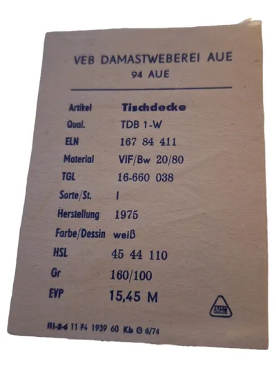 VEB Damastweberei Aue Tischdecke Damast Weiß 160x100 cm DDR 1975