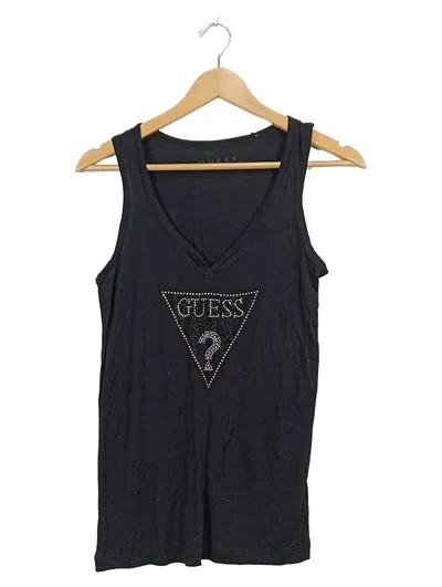 GUESS Damen Top Schwarz Strass Logo V-Ausschnitt Gr. M 38