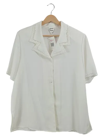 FRANK WALDER Damen Bluse Weiß Gr. 44 Kurzarm Lochmuster Klassisch