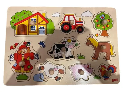 Goki Steckpuzzle Bauernhof Holz 9 Teile Kleinkinder Tiere Traktor Bauernhof