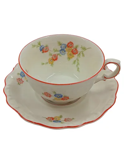 Schumann Arzberg Tasse und Unterteller Porzellan Weiß Blumenmuster Vintage