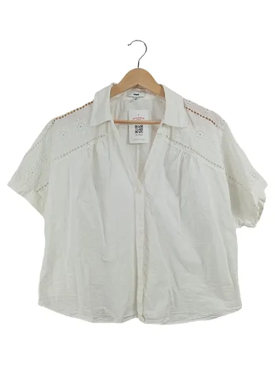 Mavi Damen Bluse Weiß Gr. 38/M Kurzarm Lochmuster Baumwolle Casual