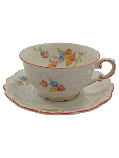 Schumann Arzberg Tasse und Unterteller Porzellan Blumenmuster Vintage Weiß