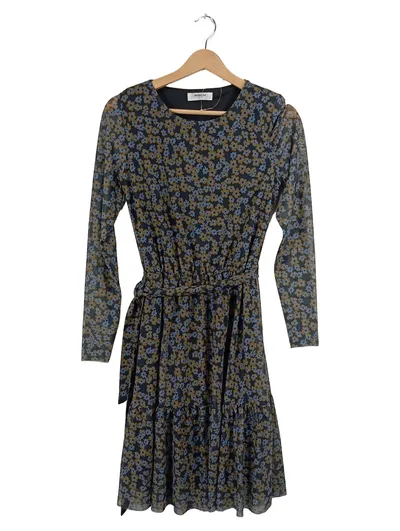 MSCH Copenhagen Damen Kleid Blumenmuster Langarm Bindegürtel Gr. XS Grau