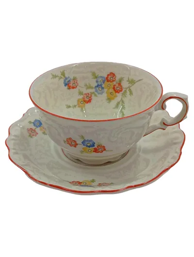 Schumann Arzberg Tasse und Unterteller Porzellan Vintage Blumenmuster Weiß