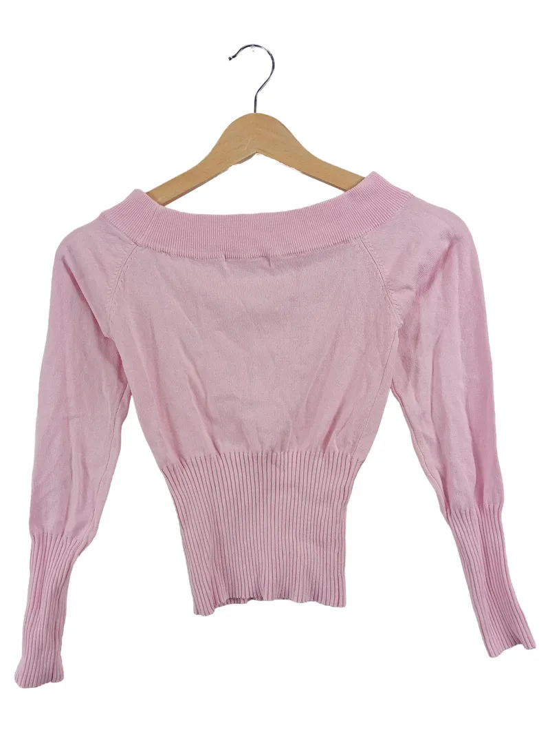 Pull&Bear Damen Pullover Rosa Gr. 36 S Off-Shoulder Rippstrick Baumwolle 2