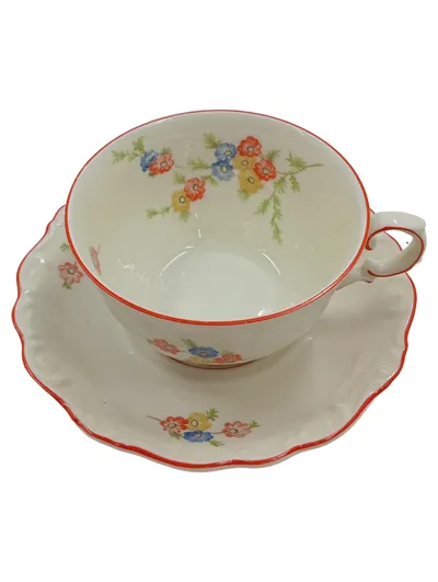Schumann Arzberg Tasse und Unterteller Porzellan Weiß Blumenmuster Klassisch