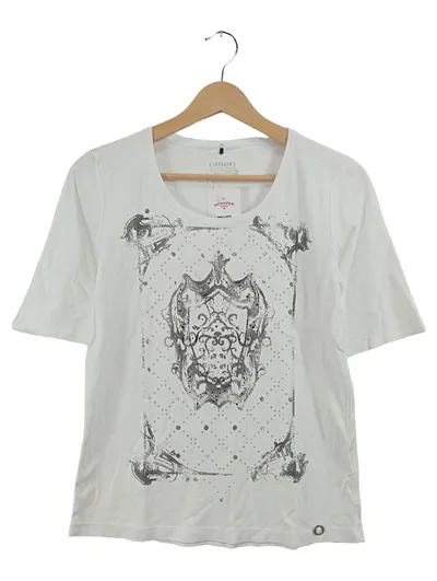 Olsen Damen T-Shirt Weiß Gr. 40 Wappen-Print Kurzarm Casual