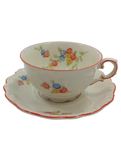 Schumann Arzberg Tasse mit Unterteller Porzellan Weiß Blumenmuster