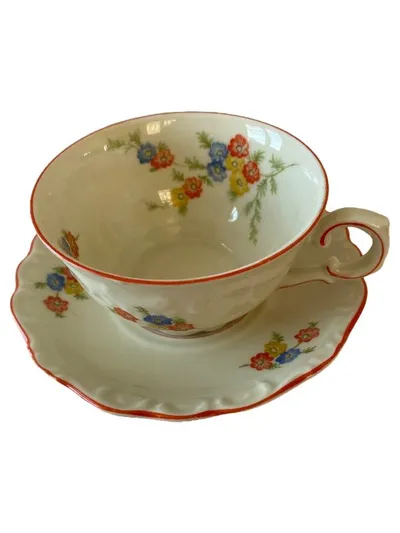 Schumann Arzberg Tasse mit Unterteller Porzellan Weiß Blumenmuster
