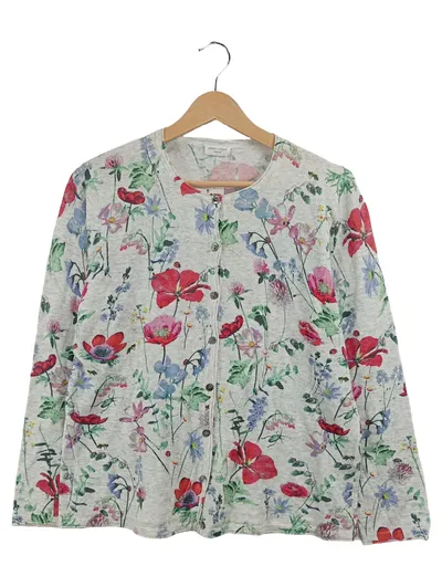 Gerry Weber Strickjacke Damen Gr. 42 Grau Blumenmuster Casual Baumwolle