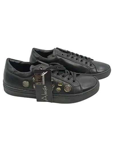 Alesya Damen Sneaker low Schwarz Leder Strasssteine Gr. 38