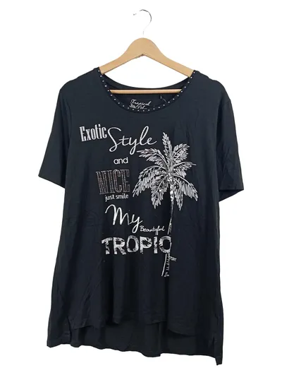 Canda Damen T-Shirt Gr. 42 XL Schwarz Tropical Print Strass Casual