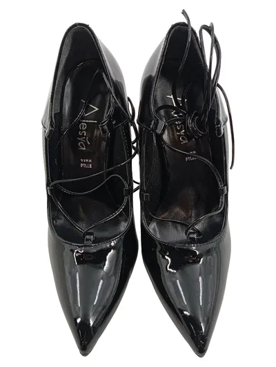 Alesya Damen Pumps High Heels Lackleder Schwarz Gr. 38 Schnürung Elegant
