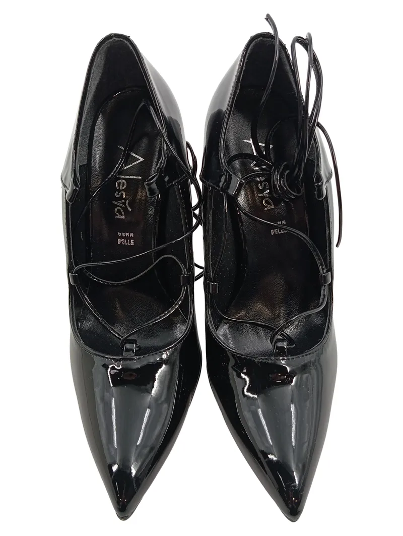 Alesya Damen Pumps High Heels Lackleder Schwarz Gr. 38 Schnürung Elegant 2