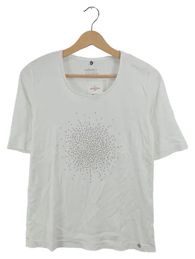 Olsen Damen T-Shirt mit Strass-Applikation Weiß Gr. 40 L Baumwolle