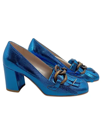 Alesya Damen Pumps Blau Gr. 39 Kettendetail Fransen Glamourös