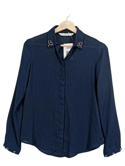 ZARA BASIC Bluse Blau Elegant Strasssteine Gr. 34, XS