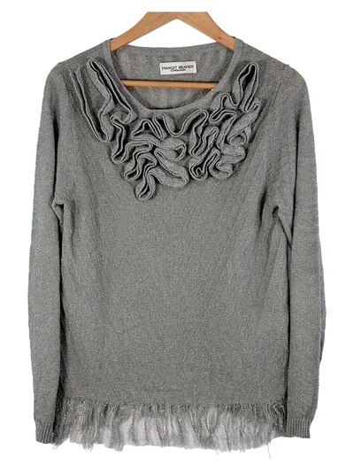 Margit Brandt Damen Pullover Gr. 36 S Grau Rüschen Fransen Metallic-Look