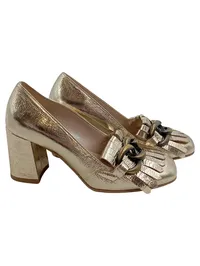 Alesya Damen Sandaletten Pumps Gold Metallic Fransen Kette Gr. 36 Elegant 1