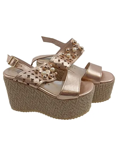 Alesya Damen Plateausandalen Rosa Gr. 35 Metallic Perlen Keilabsatz