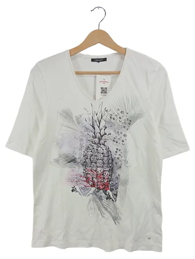 Olsen Damen T-Shirt Weiß Gr. 40 L Ananas Print V-Ausschnitt Casual