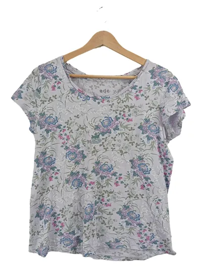 EDCO Damen T-Shirt Gr. 38 M Grau Blumenmuster Casual Kurzarm Baumwolle