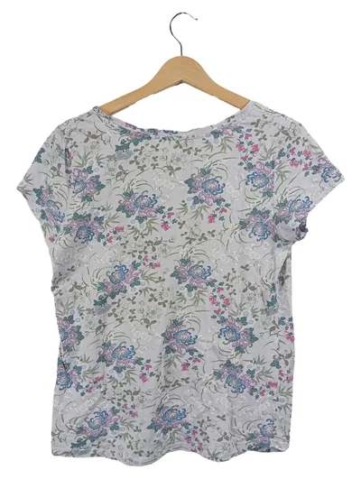 EDCO Damen T-Shirt Gr. 38 M Grau Blumenmuster Casual Kurzarm Baumwolle