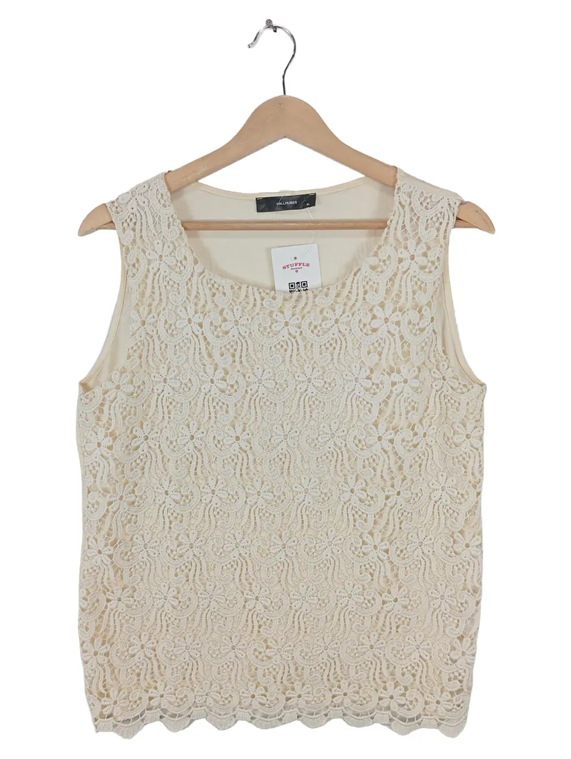 Hallhuber Top Beige Gr. 42 XL Spitzenbesatz Lochmuster Ärmellos Damen 1