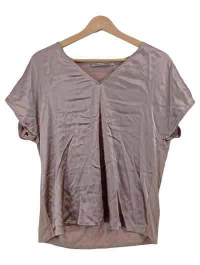 Hallhuber Damen T-Shirt Gr. 38 M Rosa Seide Satin Optik V-Ausschnitt Kurzarm